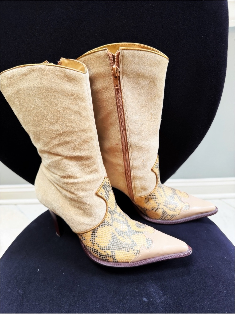 Luichiny Suede and Leather Snake-Print Mid-Calf Cowboy Boots